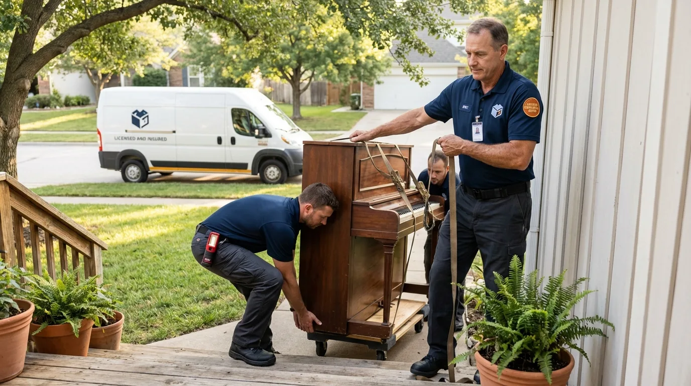 Licensed piano movers securing grand piano in Noel, MO