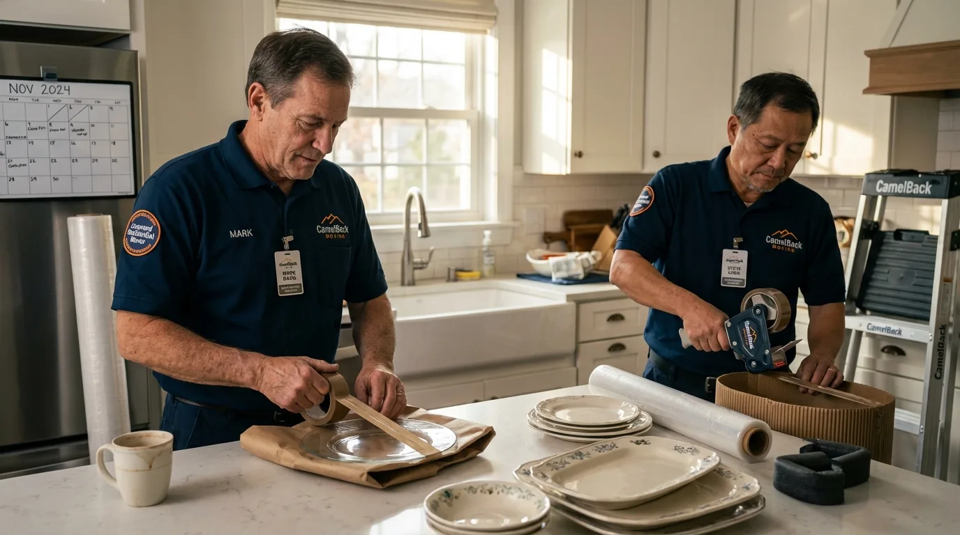 Professional crew packing kitchen dishware in Noel, MO
